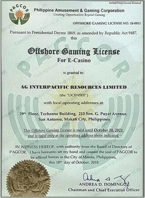 Giấy phép hoạt động Hitclub PAGCOR