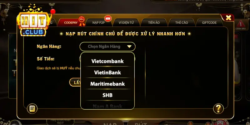 Ngân hàng hỗ trợ nạp tiền tại cổng game HitClub
